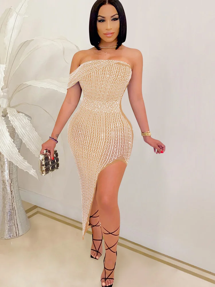 Beyprern Sparkle Off Shoulder Black Crystal Midi Dress Womens Glam Rhinestone Studded Asymmetrical Party Dress Birthday Outfits