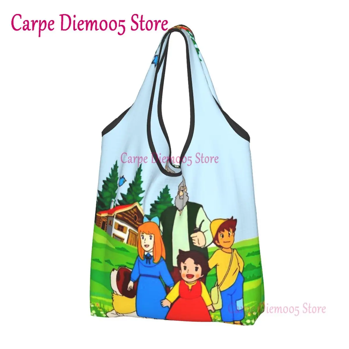 

Custom Heidi Peter And Grandpa Family Shopping Bag Women Portable Big Capacity Grocery Alps Mountain Anime Tote Shopper Bags
