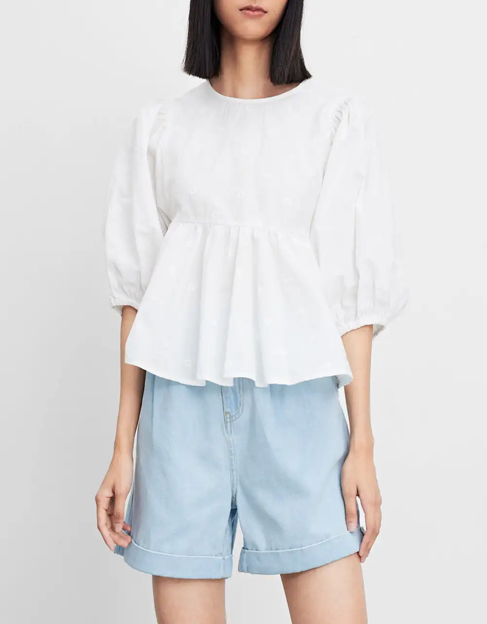 Urban Revivo Women Short Sleeve Ruffle Hem Blouses Round Neck Shirts Simple Solid Color Casual Loose Peplum Summer Tops
