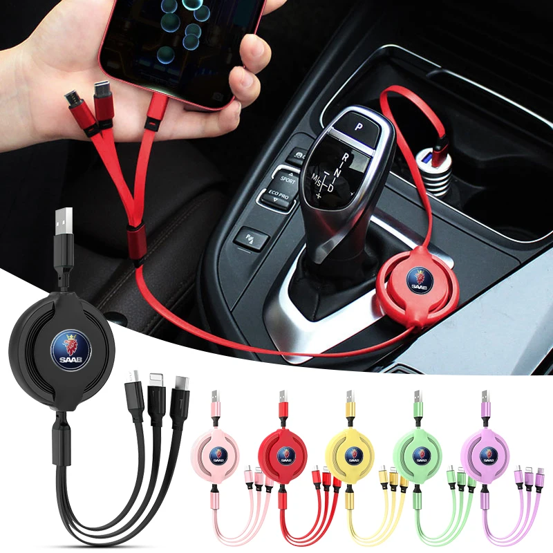 

Car Styling 3 in 1 USB Charging Cable Retractable Charger Cable For SAAB 9000 900 600 428 03-10 9-3 9-5 9-7 9-X 93 95 99 Turbo