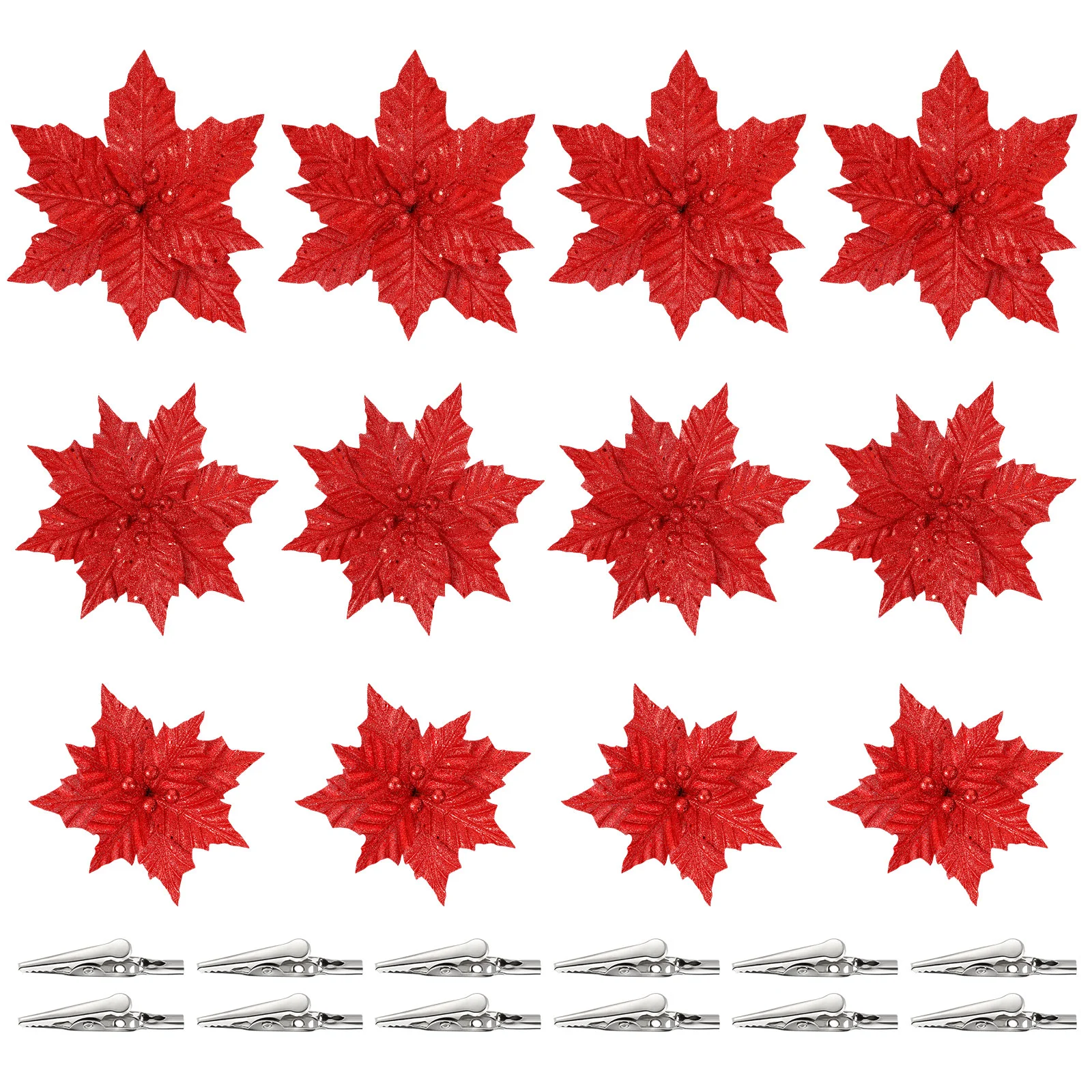 

Flowers Christmas Artificial Poinsettia Tree Flower Decorations Glitterfakewith Ornaments Decor Poinsettias Red Clips Stem