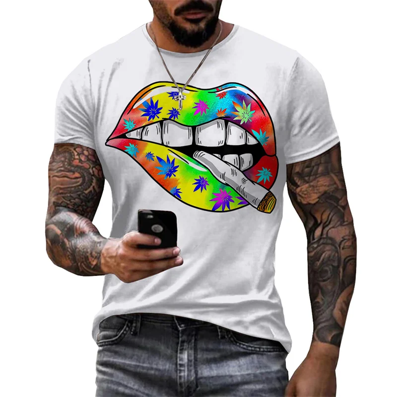 

Colorful Weed Leaves Lips 3D Printed Men T shirt Unisex 2023 Summer Fashion Casual Oversized T Shirts Loose O-neck Short Sleeve