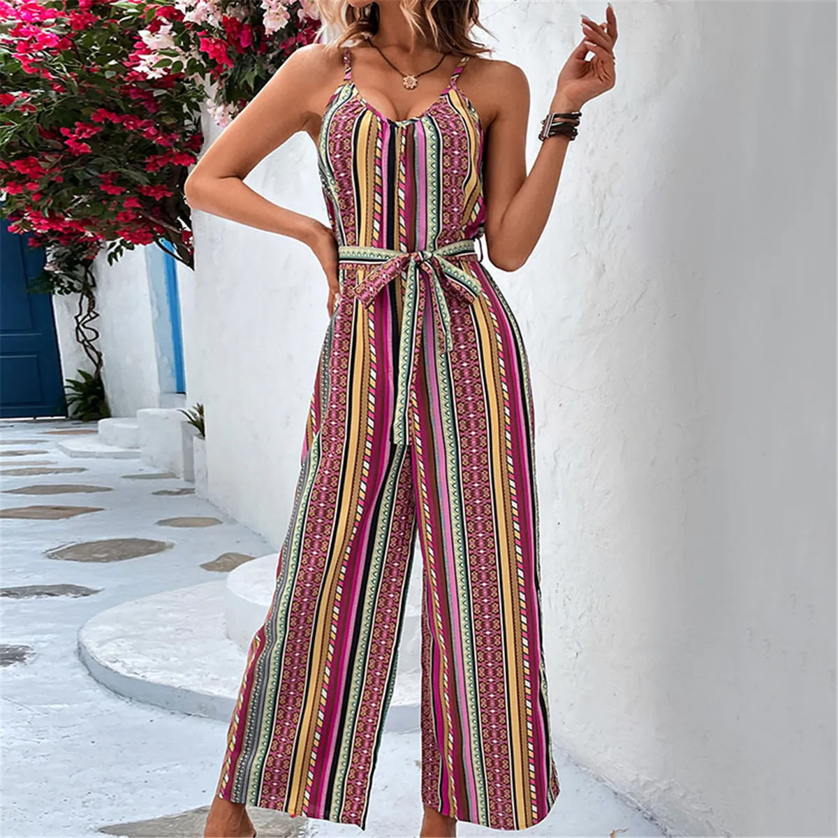 

Womans Clothing 2023 New Arrivals Casual Shorts Summer Set Casual striped suspender cropped jumpsuit