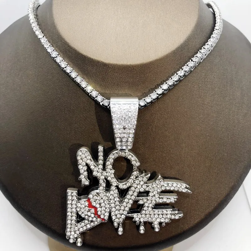 

Hip Hop NO LOVE Necklace For Men Gold Color Letter Pendant Iced Out Heart Broke Statement Tennis Cuban Chain Link Jewelry