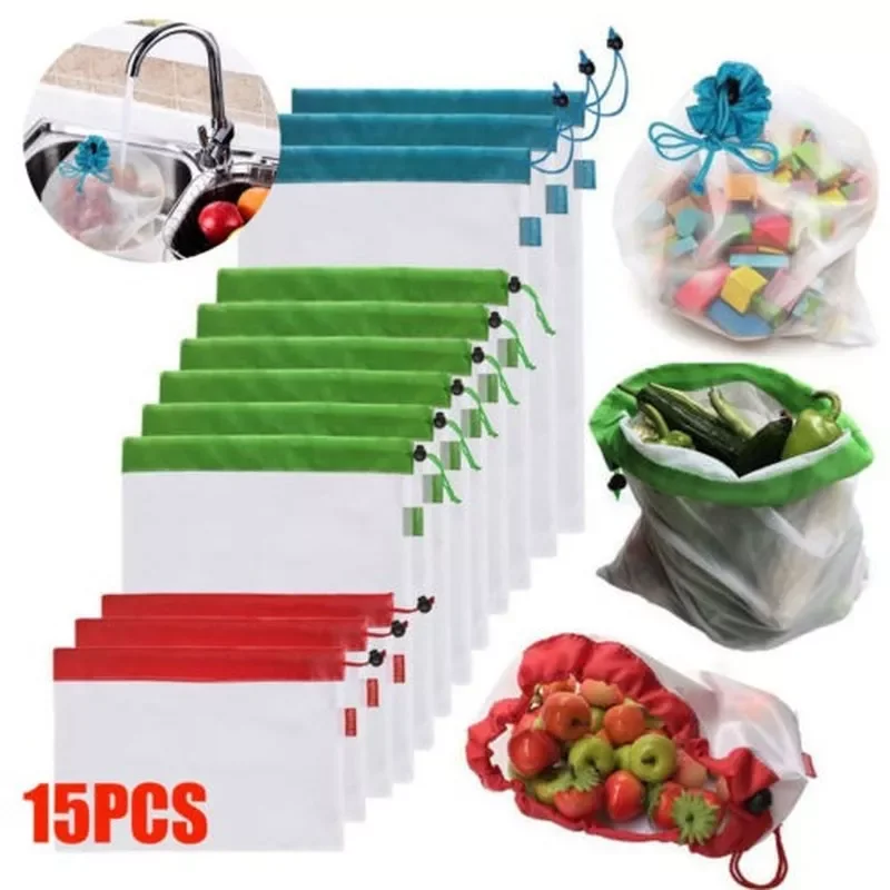 

5/15pcs Eco Friendly Washable Mesh Produce Bags for Grocery Shopping Storage Reusable Fruit Vegetable Kitchen Storage