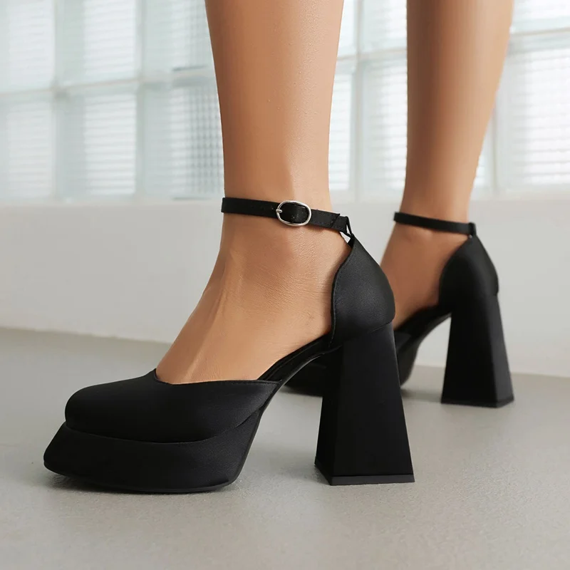 deluxe satin women shoes Mary Janes square toe high heel sandals woman nude pumps spring summer female party wedding shoes black