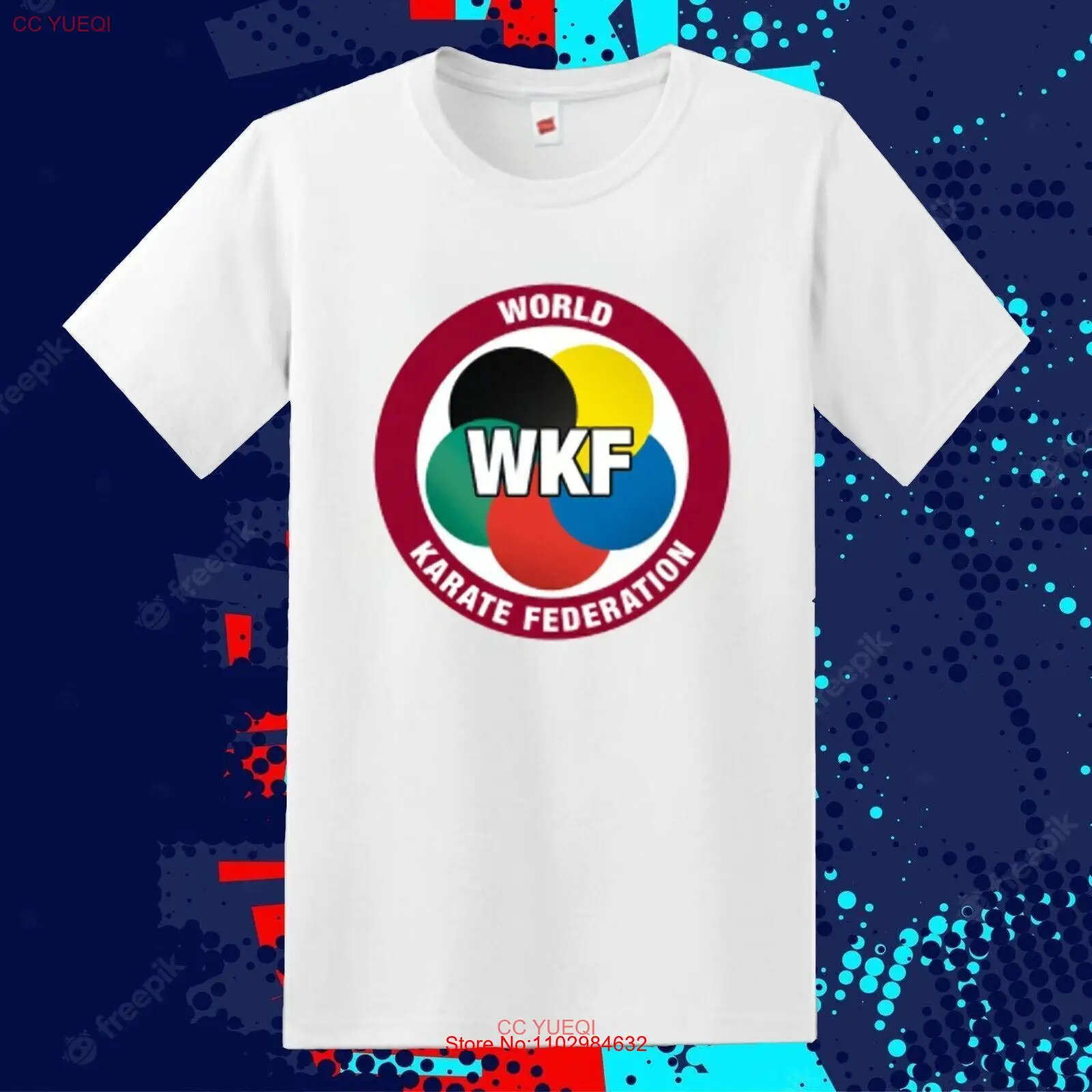 Фото Мужская белая футболка Wkf с логотипом Российской Федерации каратэ размером от S до 5Xl №1