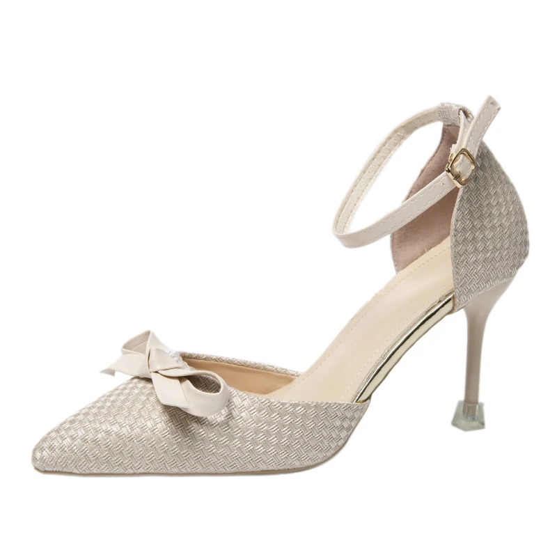 

Bow-knot Woven Word-strap Sandals Women's 2022 Summer New Temperament Professional Plaid Solid Color Pointed High Heels