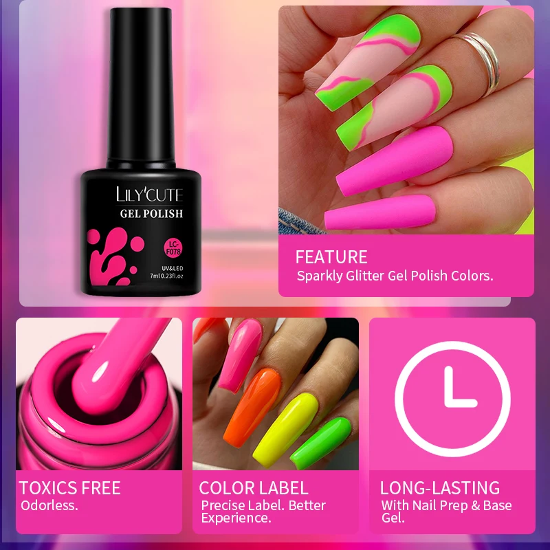 LILYCUTE 7ML Nail Gel Polish Summer Neon Gel Polish Vernis Semi Permanent Nail Art Manicure Soak Off LED UV Gel Nail Varnishes images - 6