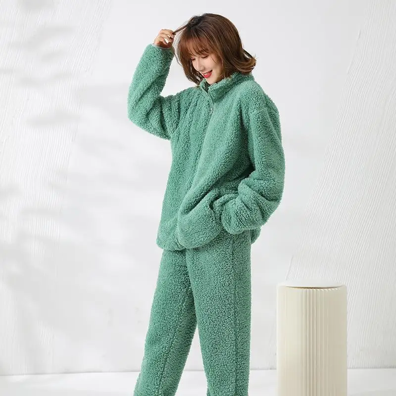 New Winter Women's Cashmere Pajama Suit Warm Long Sleeved Shirt Trousers Korean Fashion Solid Color Basic Household Clothes