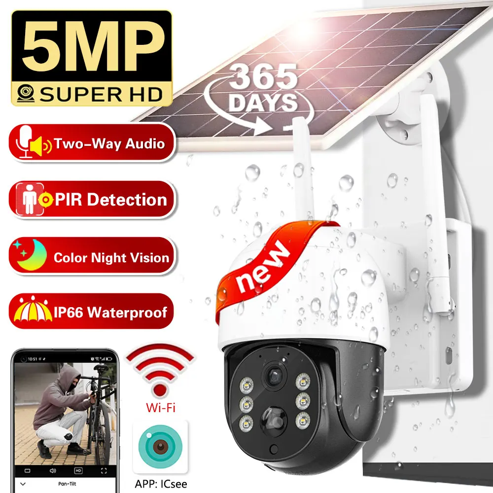 

Solar IP Camera 5MP HD Wireless WIFI Solar Built-in Battery Powered Camera Outdoor PTZ PIR Human Detect Audio Security Cam iCsee