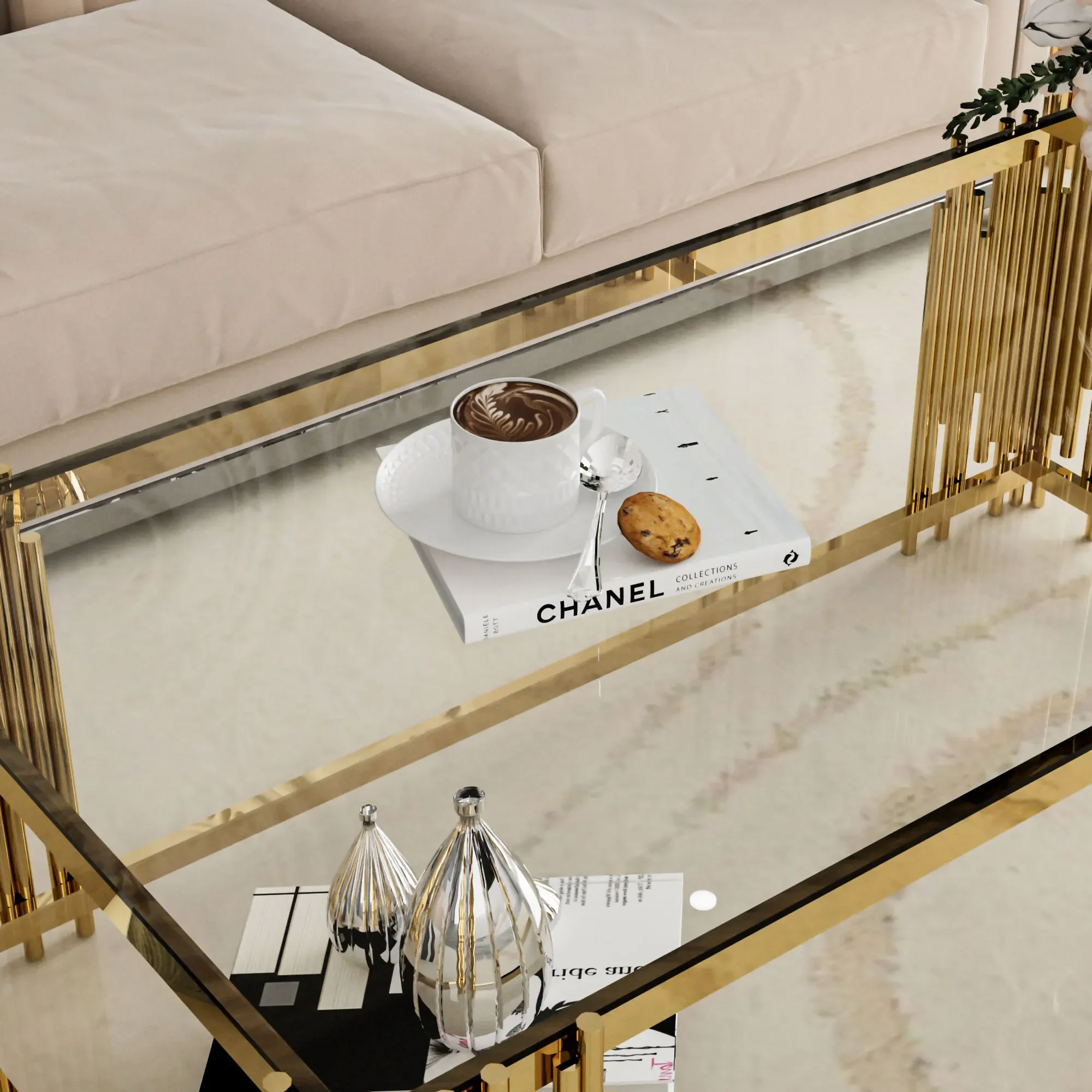 Журнальный столик из нержавеющей стали прямоугольный стеклянный для гостиной 51