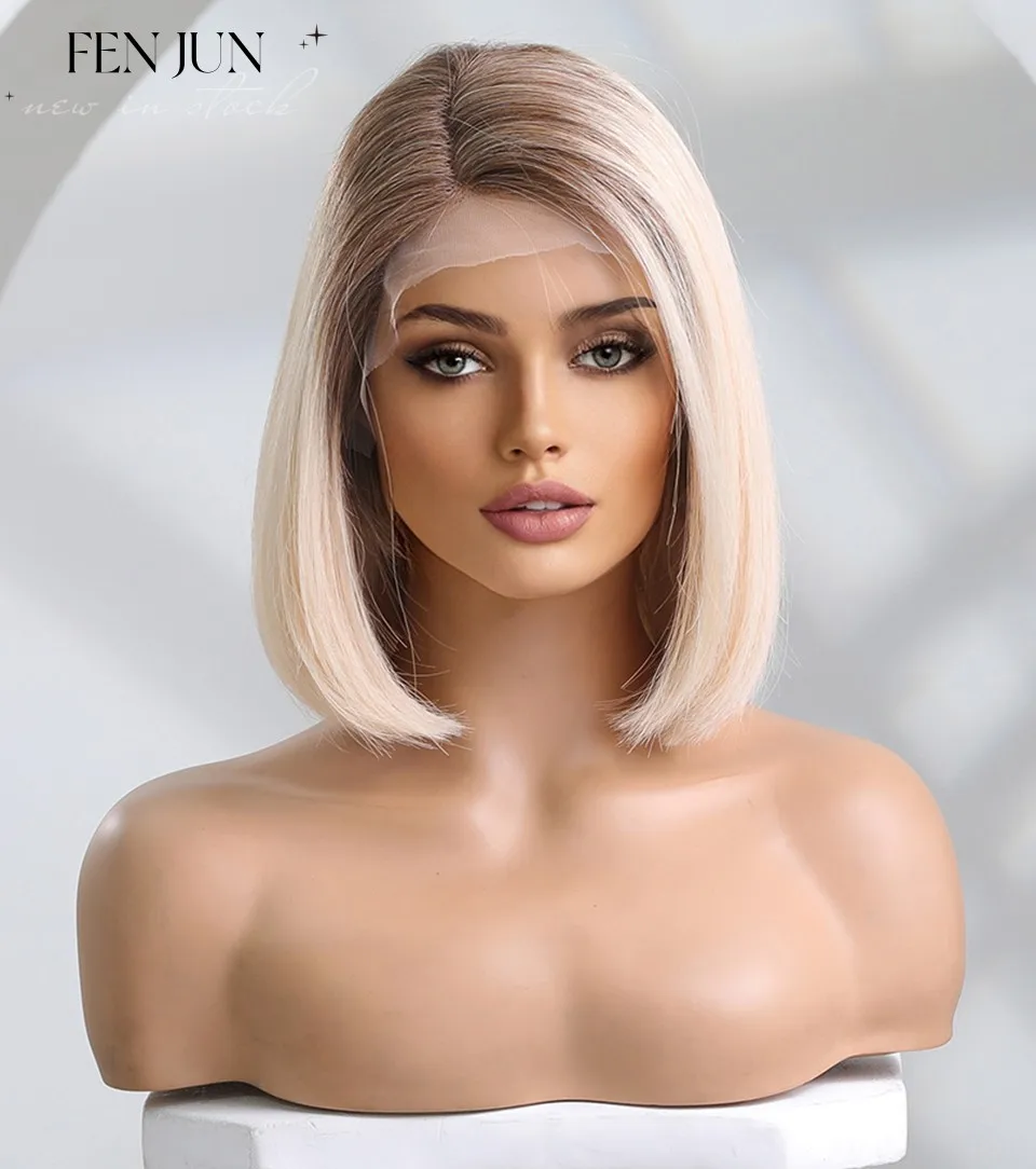 

Ombre Platinum Blonde Bob 13x1 Lace Front Human Hair Wigs Hd Transparent Glueless Baby Hair Pre Plucked Bleached Rnots For Woman