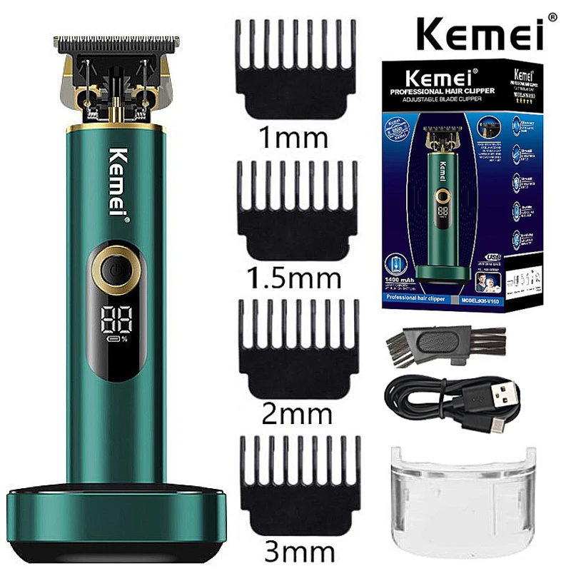 

Kemei T9 Professional Hair Trimmer Men T-Blade 0mm Zero Gapped Clipper Finish Hair Cutting Machine with Charging Base Lighter