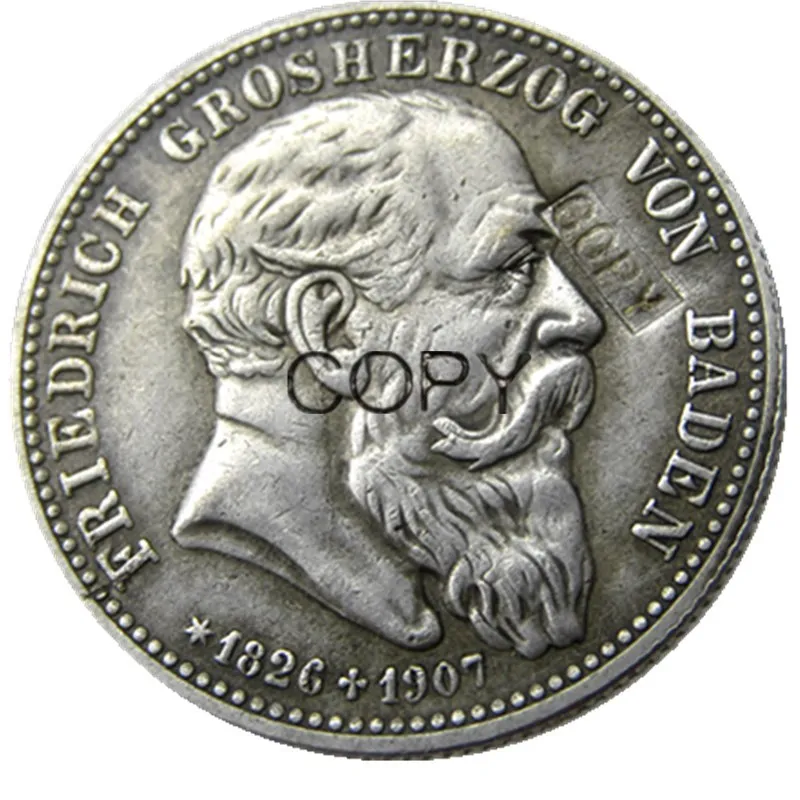 

1907 German States BADEN 2 Mark Silver Plated Copy Coin