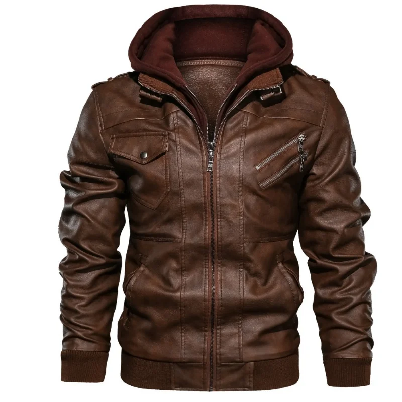 2022 Leather Coat Vintage Motorcycle Leather Jacket Autumn Winter Detachable Men's Hoodie Coat