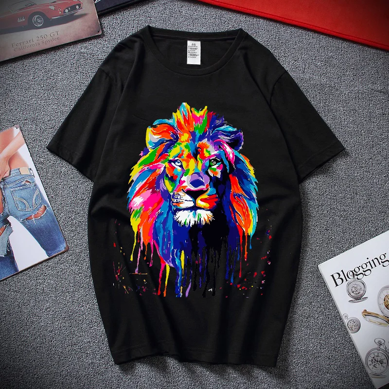 

100% Cotton Lion Print T-shirt Summer Casual Animal Graphic T Shirts Personality Hip Hop Trend Short Sleeve Oversized Streetwear