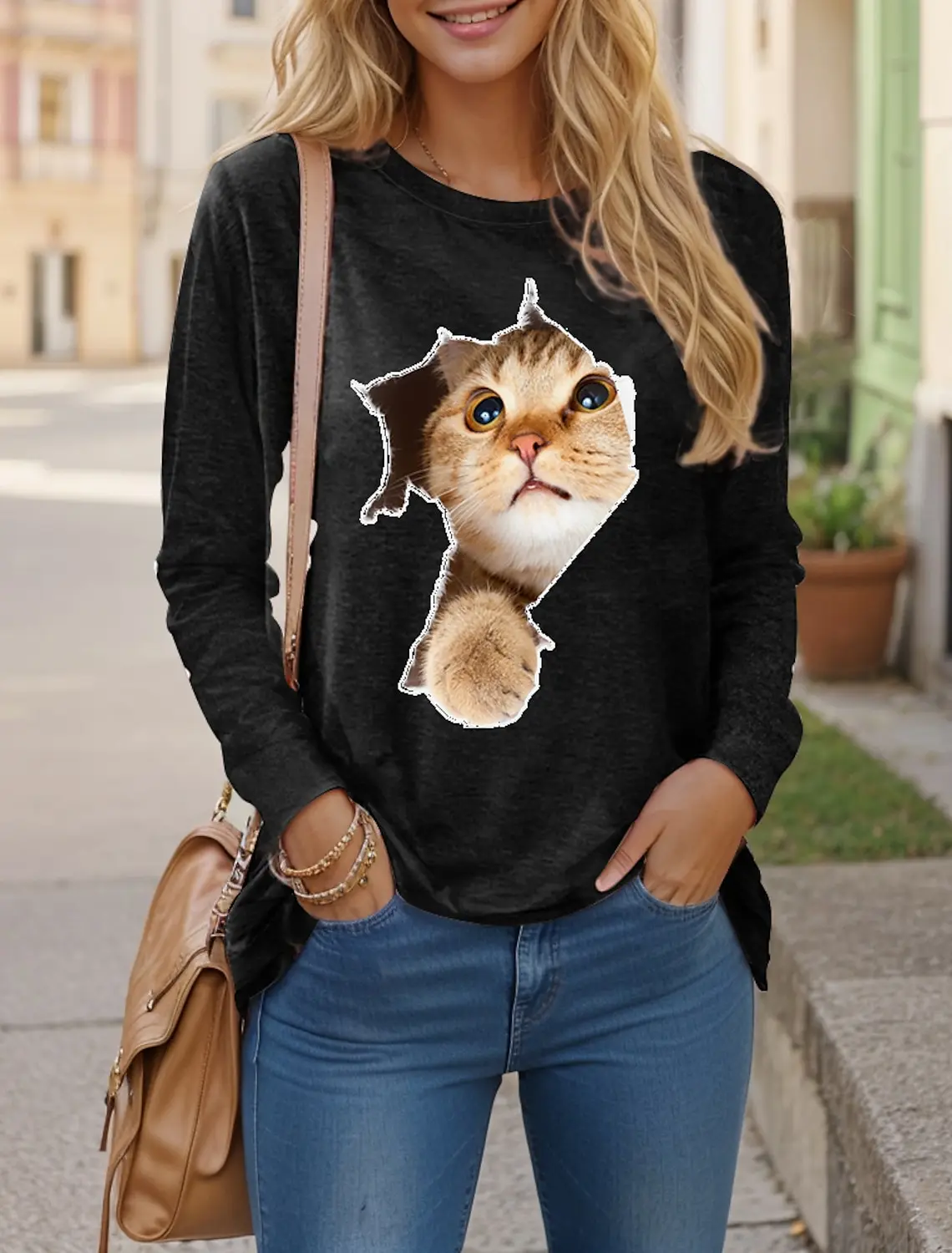 

2023 Fashion Women's Sweatshirt Pullover Kawaii Cat Graphic Casual Sports Crew Neck Long Sleeve Tops Micro-Elastic Fall & Winter