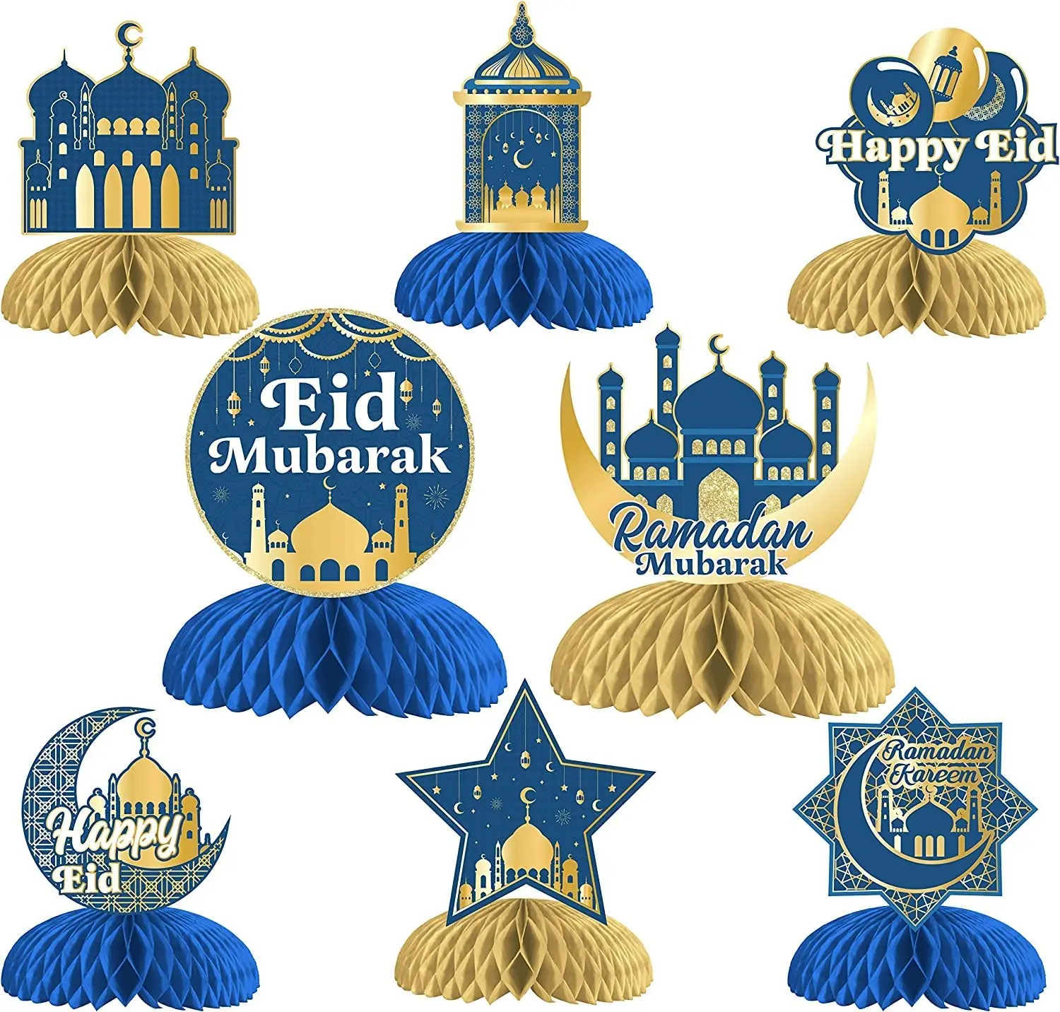 

8 PCS Eid Mubarak Party Table Decorations Ramadan Honeycomb Centerpieces Eid 3D Table Topper Desktop Sign Festival Home Decor