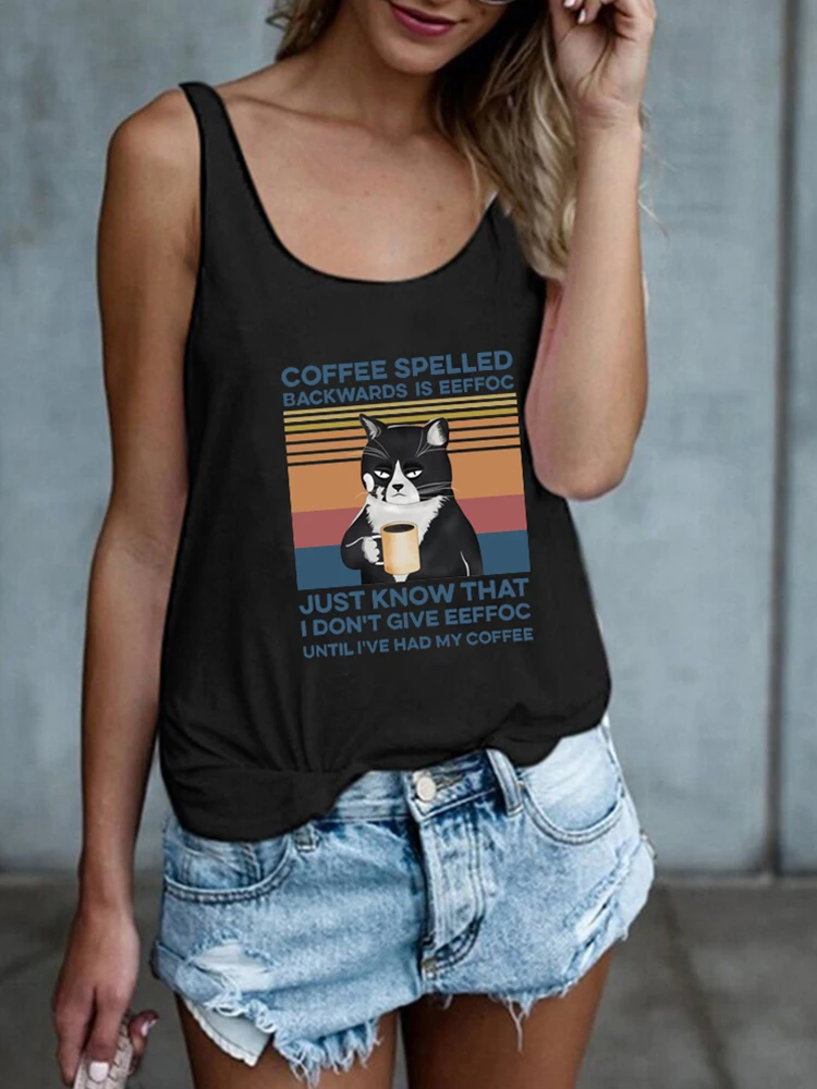 Летняя Свободная футболка без рукавов для женщин, топы, повседневный жилет, кофейный цвет, с вставками, с принтом Eeffoc, Женская майка с забавным котом
