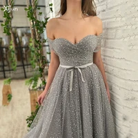 xijun glitter sequin prom dresses off the shoulder beadings ankle length girdling belt evening dresses elegant vestidos de gala