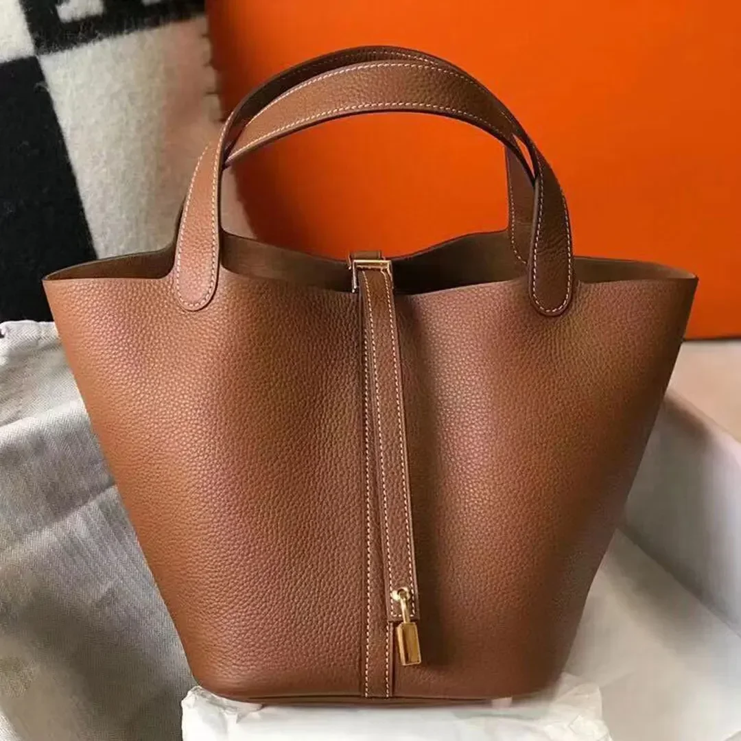 

Fashion Vegetable Basket Shoulder Bag Large Capacity Lychee Grain Leather Bucket Bag Female Underarm Handbag Shopping Tote.