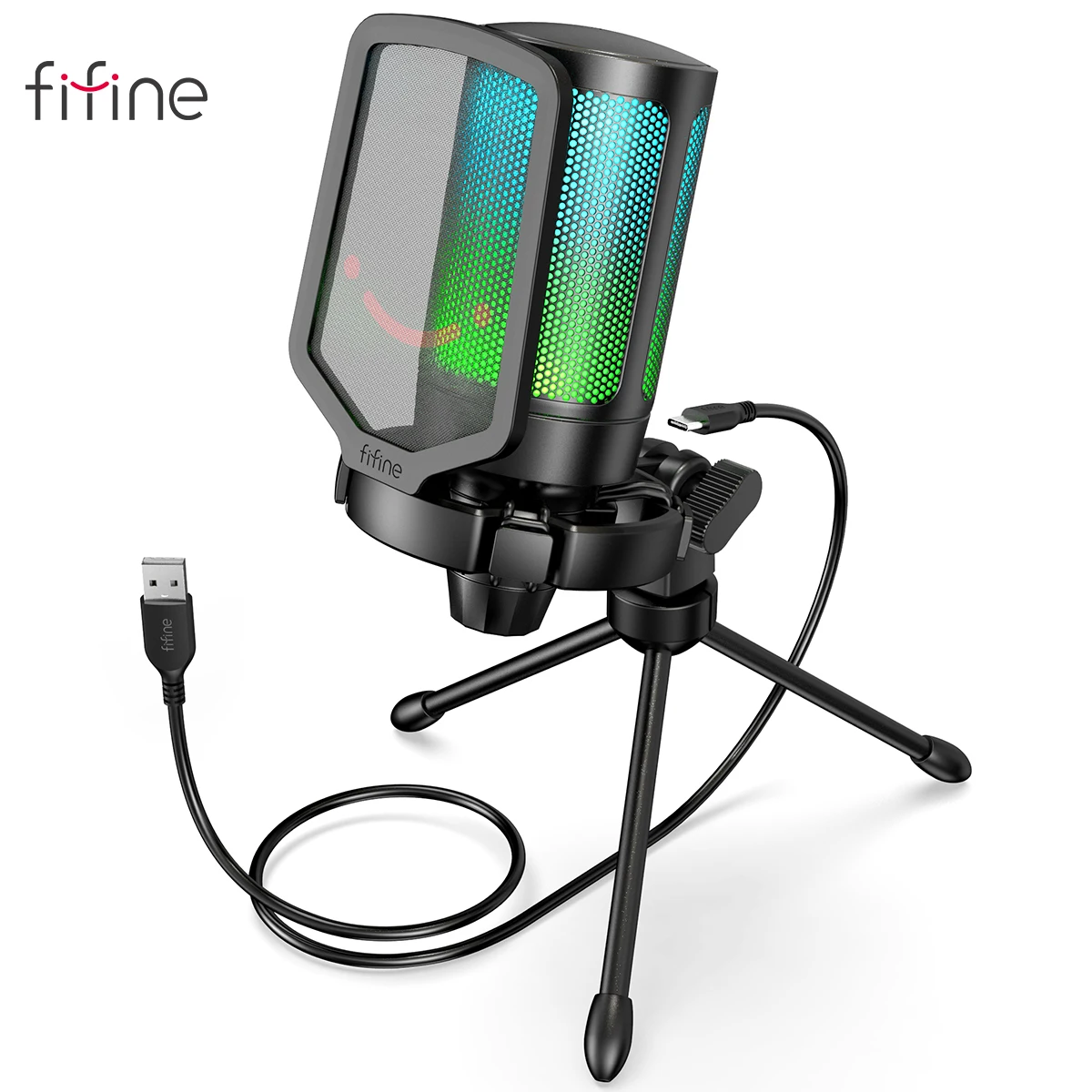 

USB-микрофон FIFINE для потоковой передачи данных с поп-фильтром, ударопрочным креплением и контролем усиления, конденсаторный микрофон для ноу...