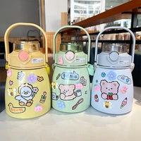 cute girls water bottle with stickers straw big belly cup 800ml sports bottle for water jug children female kettle with strap