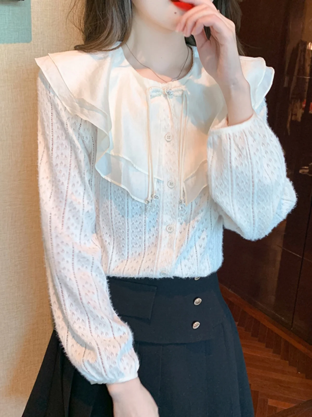 2024 новые французские шифоновые рубашки с кукольным воротником и длинными