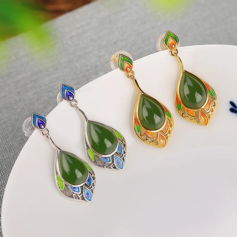 

Yilu Silver S925 Pure Gold Plated Hotan Jade Jasper Enamel Water Drop Earrings National Style Elegant and