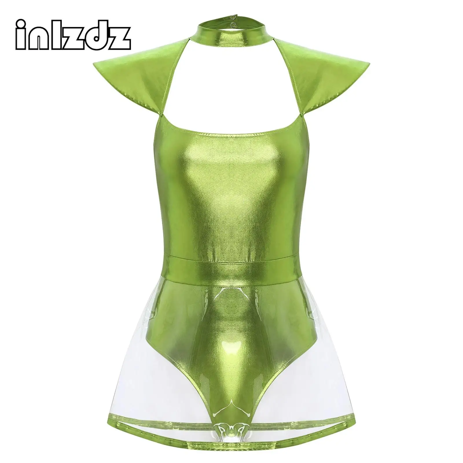 Женское блестящее боди с рукавами-фонариками и юбкой из ПВХ
