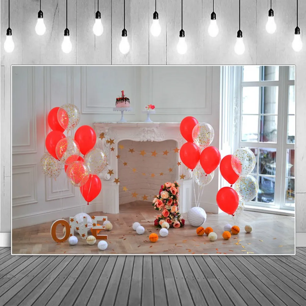 

1st Birthday Photography Backgrounds Newborn Baby Golden Glitter Red Balloons Cake Fireplace Kid Backdrops Photographic Portrait