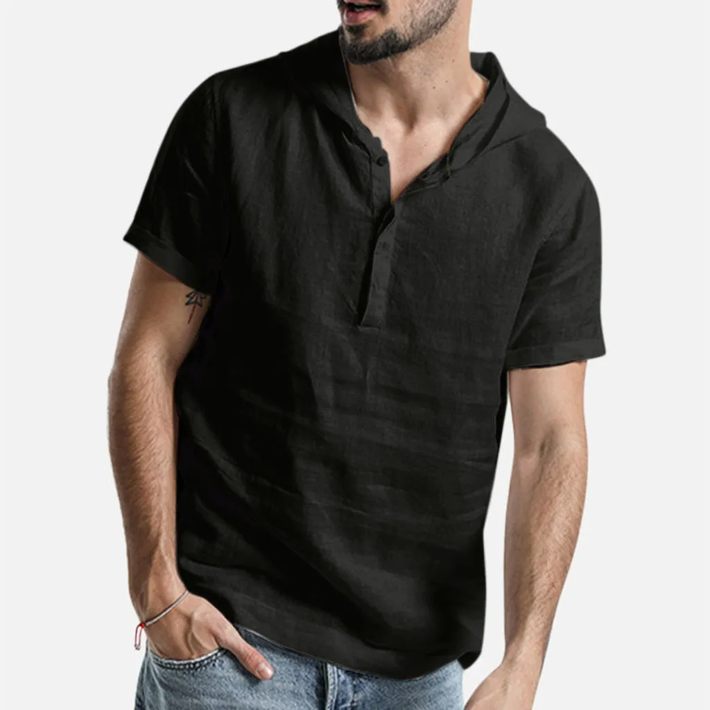 

Men Summer Fashion T-shirt Hooded Japan Style High Quality Cotton Linen Short Sleeve Casual Student Tops Male Casual Tee Black