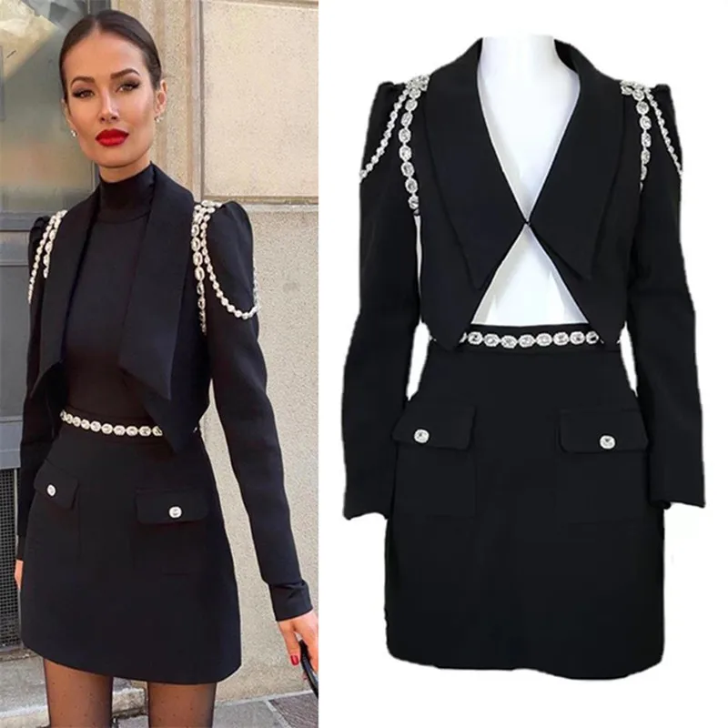 HIGH STREET Newest 2023 Designer Runway Suit Set Women's Diamonds Strass Chain Short Blazer Skirt Suit