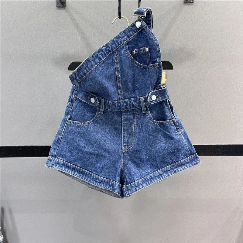 Sweet Cool Spicy Girl One Shoulder Denim Strap Shorts Women's 2023 Summer Age Reducing Slim A-line Wide Leg Pants One Piece Hot
