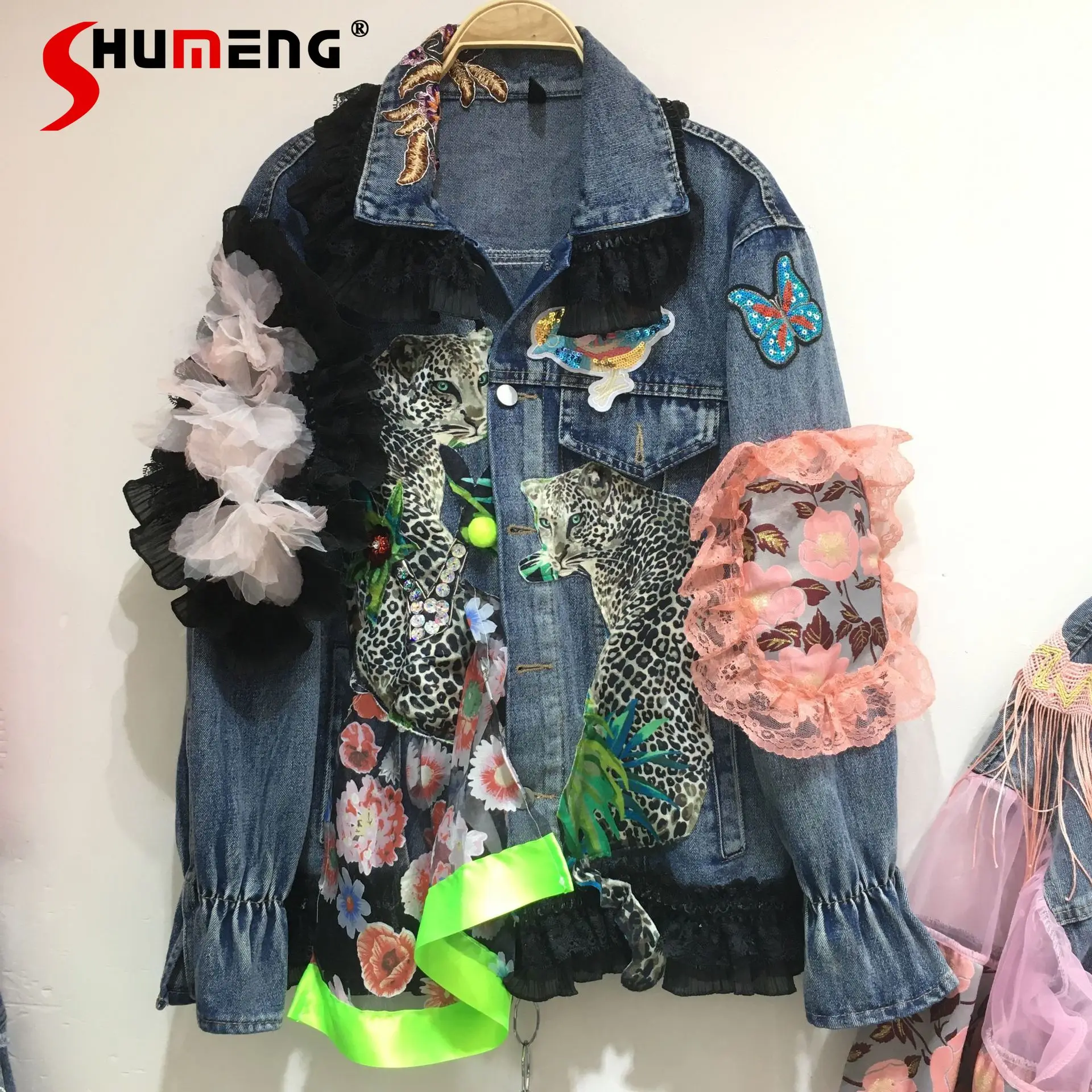 

Women's Loose Denim Clothing 2022 Spring New Fashion Stitching Lace Flower Irregular Jean Coat Women Denim Jacket with Fringe