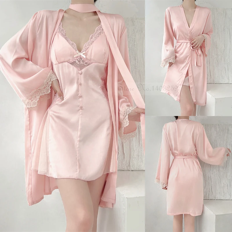 

Women Nighty&Robe Set Sexy Patchwork Lace Suspender Nightgown Pink Silk Satin Wedding Robe Sleepwear Loose Home Dress Loungewear