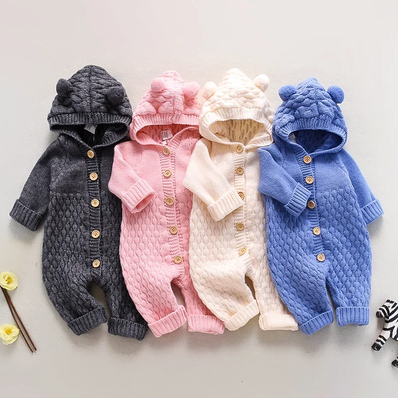

Autumn Infant Baby Knit Hood Rompers For Newborn Boys Jumpsuit Winter Kids Overalls Baby Girl Clothes Outfits Christmas Costumes