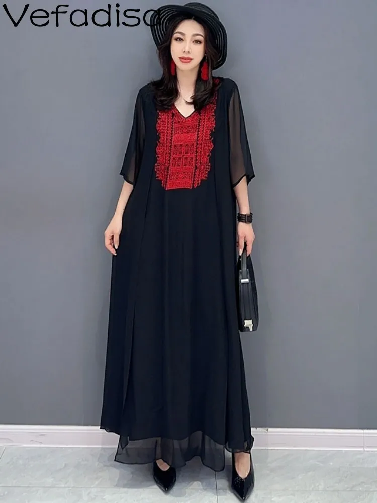 Vefadisa 2023 Summer New Korean Mesh Color Matching Large Size Women Dress Fashion Black V-neck Short Sleeve Dress ZXF085B