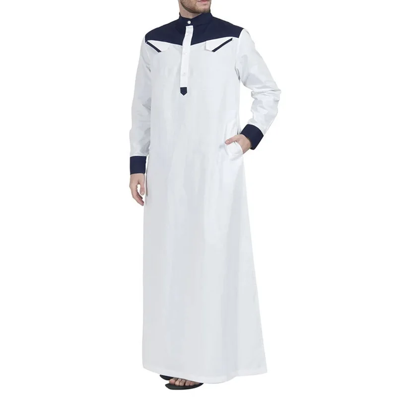 New Fashion Muslim Thobe Comfortable Men Caftan Long Sleeve Contrast Color Muslim Clothing Mandarin Neck Muslim Robe Middle East