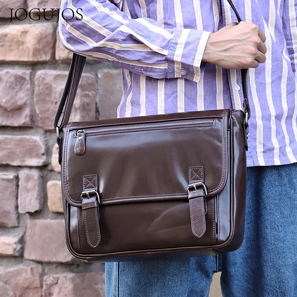 JOGUJOS Genuine Cowhide Leather Men's Shoulder Bag Business Travel Flap Messenger Bag Fashion Crossbody Bag Satchel Handbags 