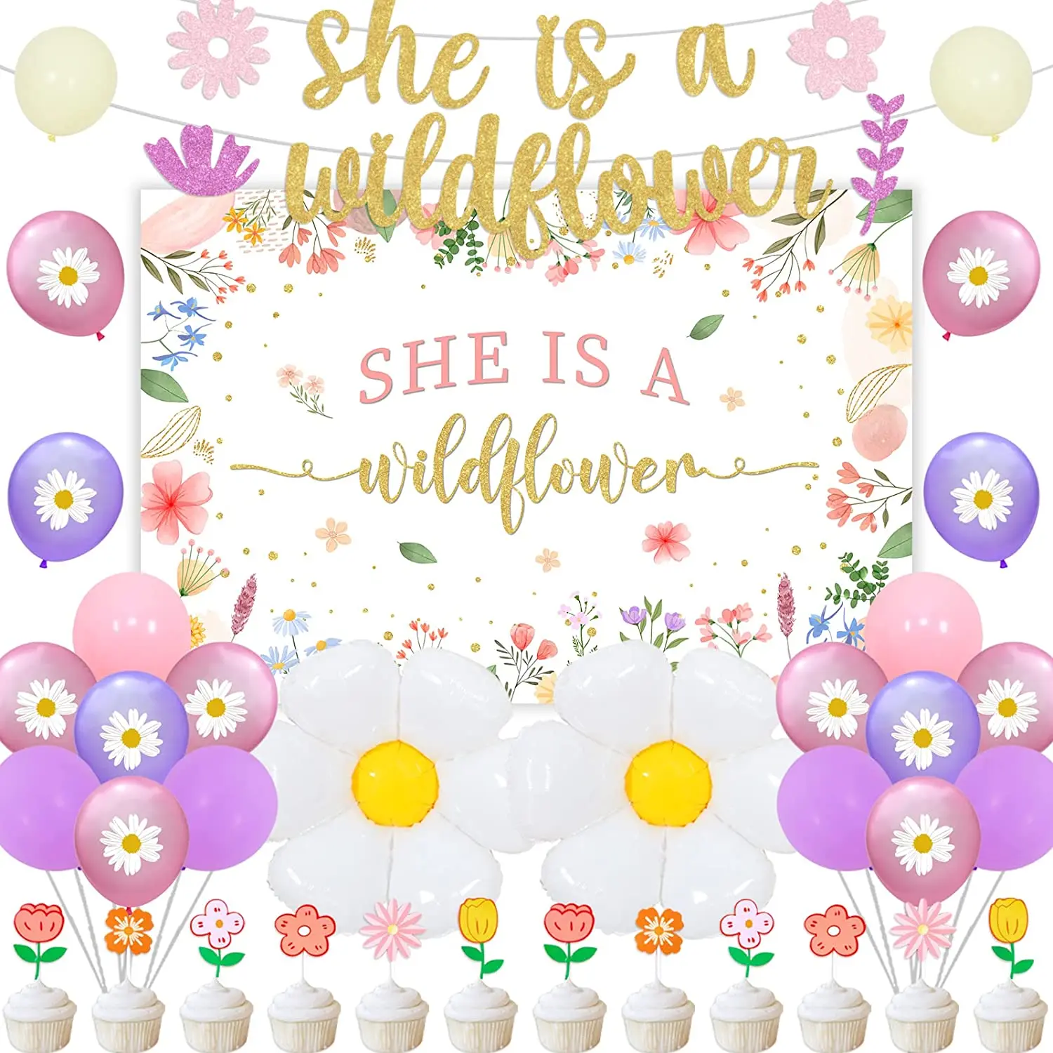 

Flower 1st Birthday Decorations Girls, She Is A Wildflower Banner Photo Backdrop, Daisy Balloons Cupcake Toppers for Baby Shower