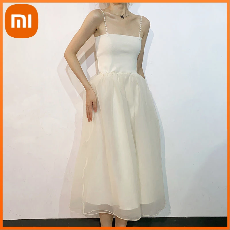 

Xiaomi Summer Spaghetti Strap Midi Dress Women Sweet Elegant Vintage Dress Female Sleeveless Office Lady One Piece Dress Korean
