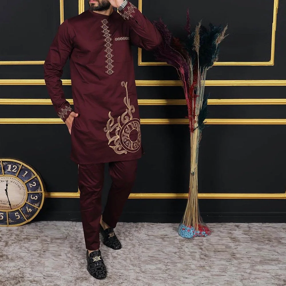 2Piece Sets Mens Outfit Embroidered Pocket Long Sleeve Top Pants Men's Wedding Suit Business Ethnic Casual Wear Tee Shirt Homme