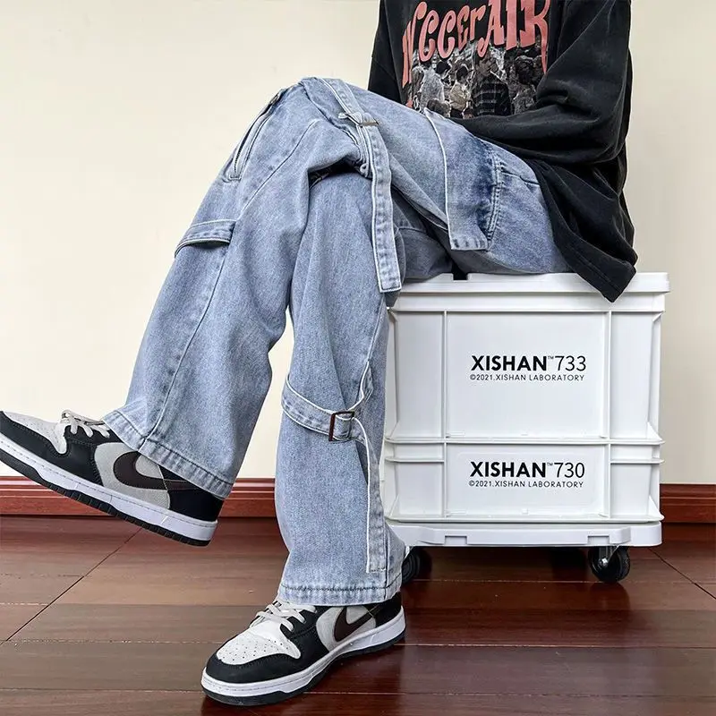 DEEPTOWN Ribbon Cargo Jeans Men Loose Straight Denim Pants Streetwear Fashion Design Hip Hop Casual Trousers Male Black Spring