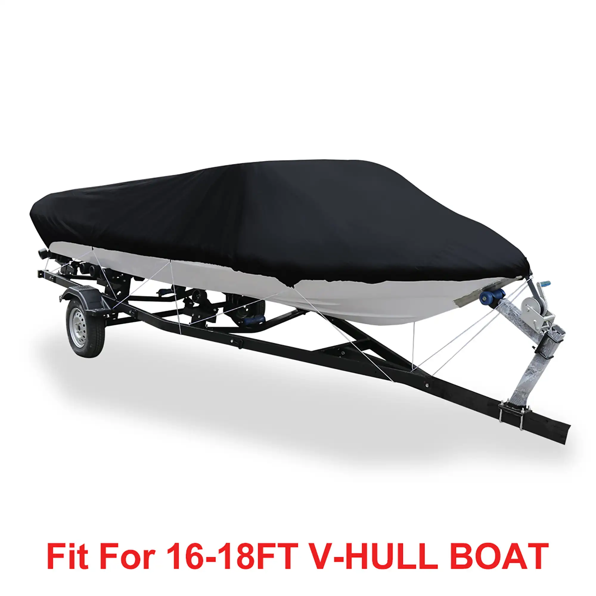 

V-Hull 210-Denier Waterproof Boat Cover for 16'-18' Trailerable Fishing Ski Boats Runabout Covers Black