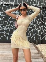 iamsure clubwear sexy patchwork feathers mesh bodycon dress see through slim diagonal collar one shoulder mini dresses for women