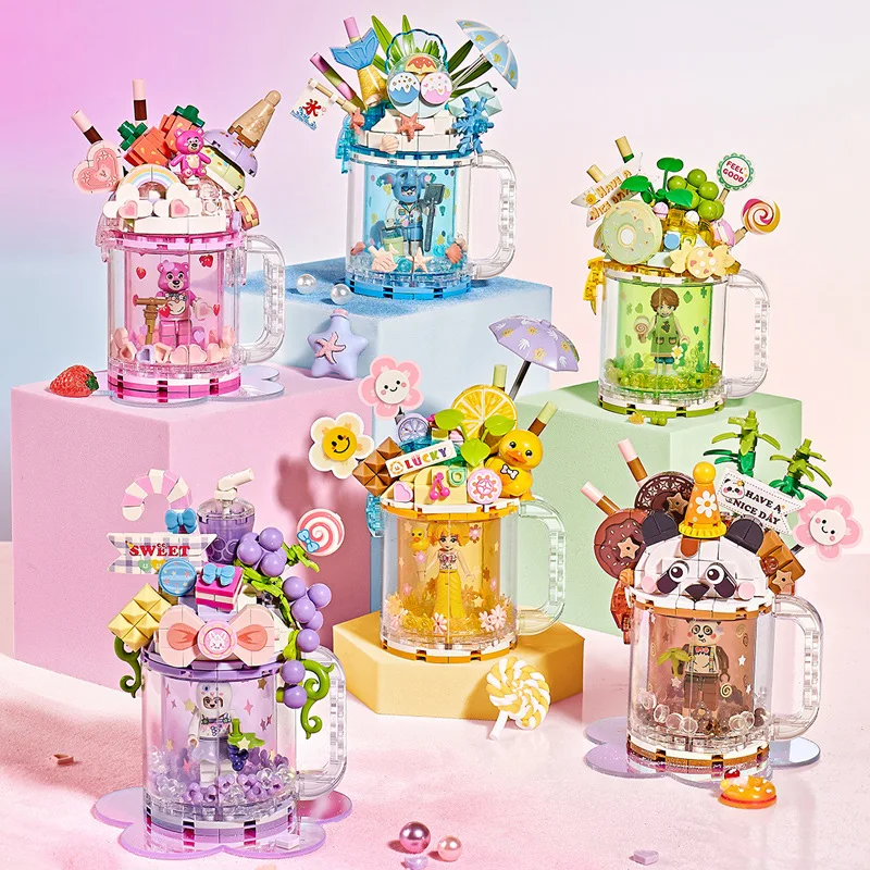 

Kawaii Cartoon Milk Tea Cup Figures Micro Building Blocks Toys DIY Ice Cream Panda Model Mini Diamond Brick For Kids Santa Gift