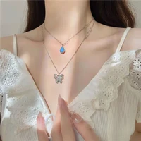 simple hollow butterfly necklace for women girls blue waterdrop crystal pendant chains necklace collar vintage jewelry wholesale