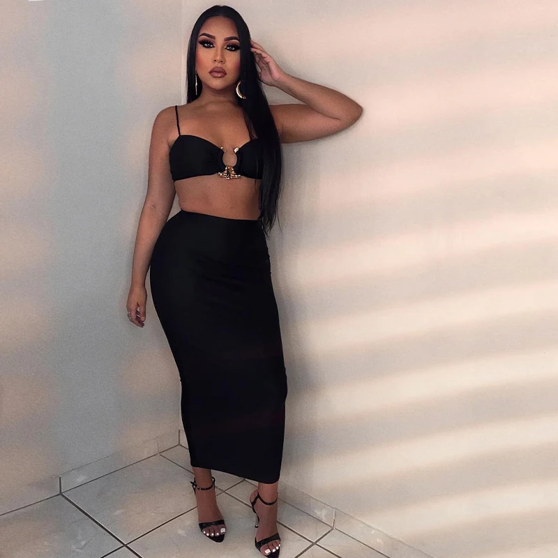 

Женский летний костюм из двух предметов, однотонная кофта без рукавов с металлической пряжкой и длинная юбка с высокой талией